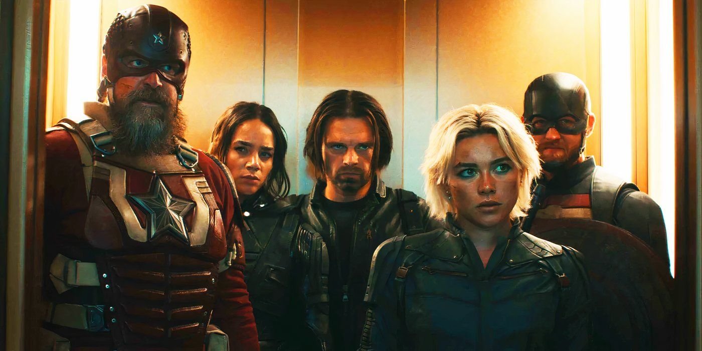 Every Confirmed Cast Member In Avengers: Doomsday (So Far) 4 Alexei Shostakov, Ava Starr, Bucky Barnes, Yelena Belova and John Walker in an elevator in Thunderbolts*