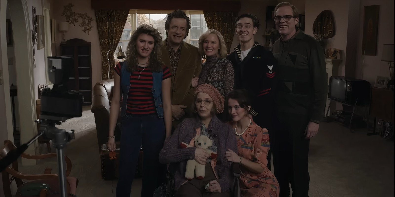The cast of 2024's Here posing for a family photo together in the film
