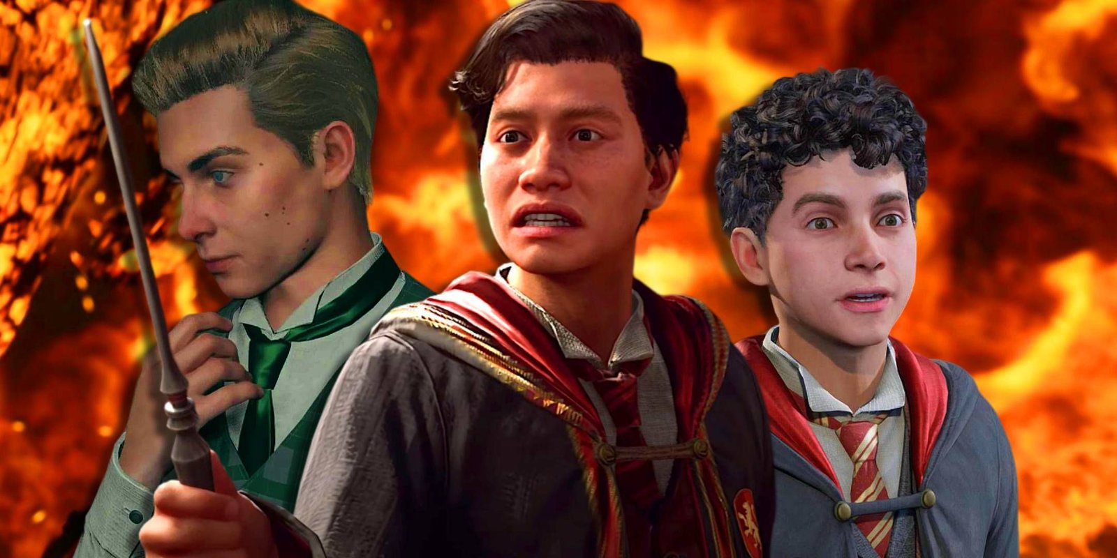 Hogwarts Legacy 2 Shouldn't Be Rushed Just To Launch Alongside The HBO Harry Potter Show 3 Ominis Gaunt from Hogwarts Legacy on the left, with the player character holding his wand in the middle and Lucan Brattleby on the right.