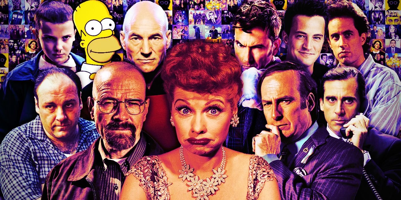 How Old The Characters Are At The Beginning And End Of The Show 2 Collage with characters from I Love Lucy, Breaking Bad, BCS, The Office, Seinfeld, Friends, Doctor Who, Star Trek, Simpsons, and Stranger Things