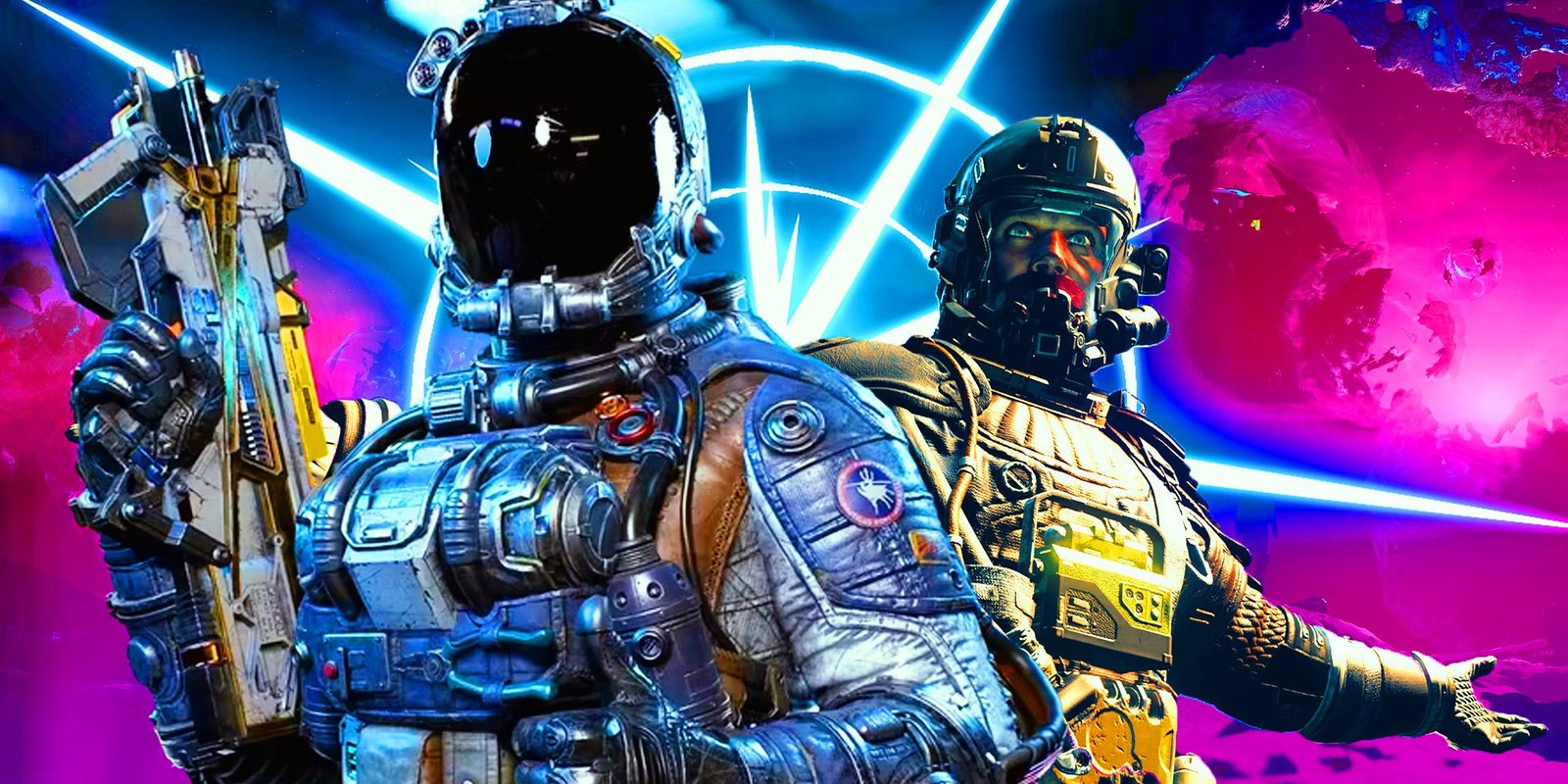 Immersive Starfield Mod Turns NPCs Into Actual Characters With Unique Lives 2 Characters from Starfield with shattered space imagery behind them.