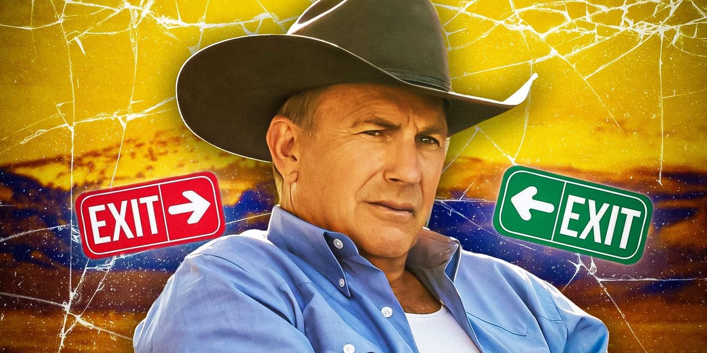 Is Kevin Costner In Yellowstone Season 5, Part 2? John Dutton III's Involvement Explained 2 Kevin Costner wearing a cowboy hat with a red exit sign to his left and a green one to his right