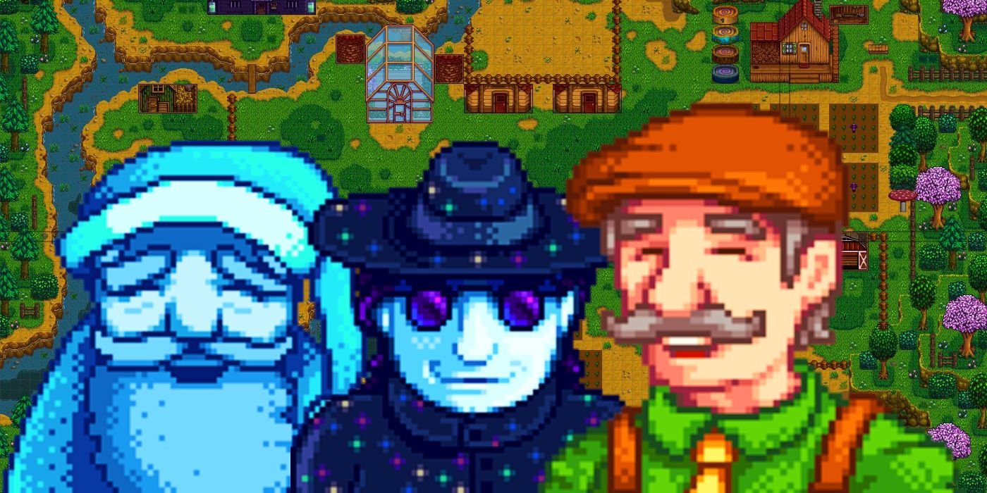 Longtime Fans Share Their Do’s And Don’ts For Those Just Starting Out In Stardew Valley 2 Grandpa's Ghost, Mr. Qi, and Mayor Lewis in front of the Meadowlands Farm from Stardew 1.6.