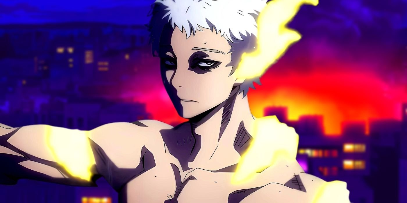 Younger All For One standing with a concerned expression on his face. Behind him, a burning city can be seen. 