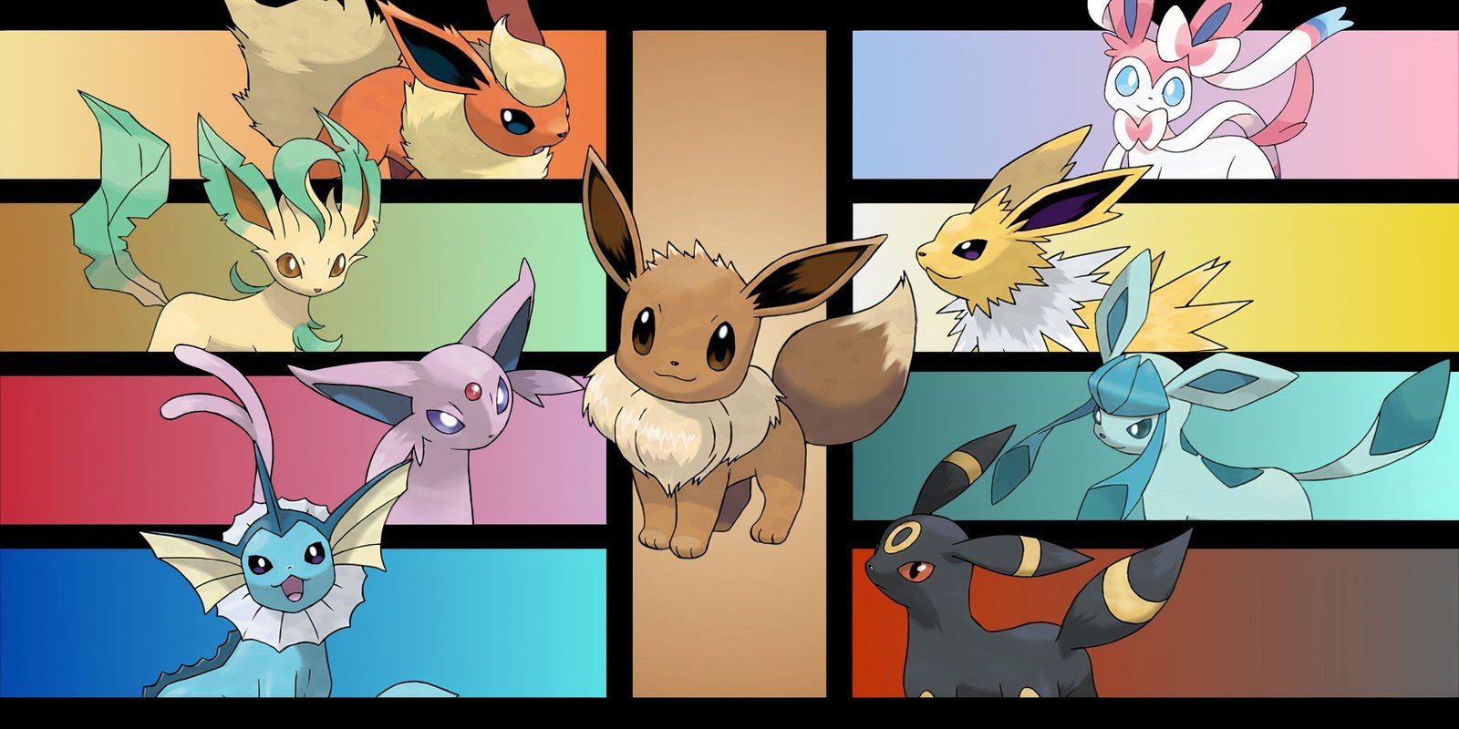 Eevee and its evolved forms appear on a colorful background.