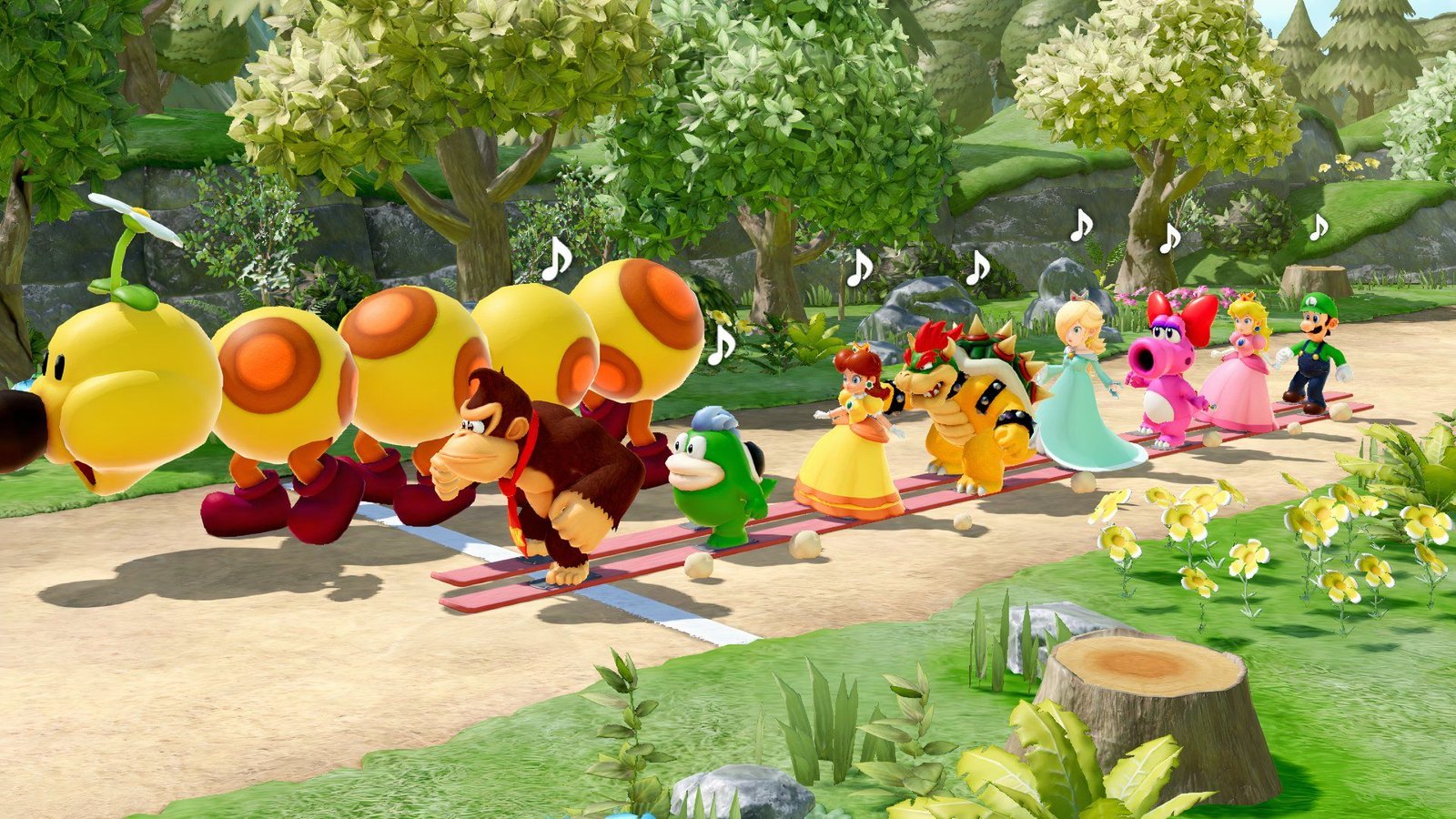 Super Mario Party Jamboree: All Photo Album Locations 2 Players on long skis walk alongside a Wiggler in Super Mario Party Jamboree.