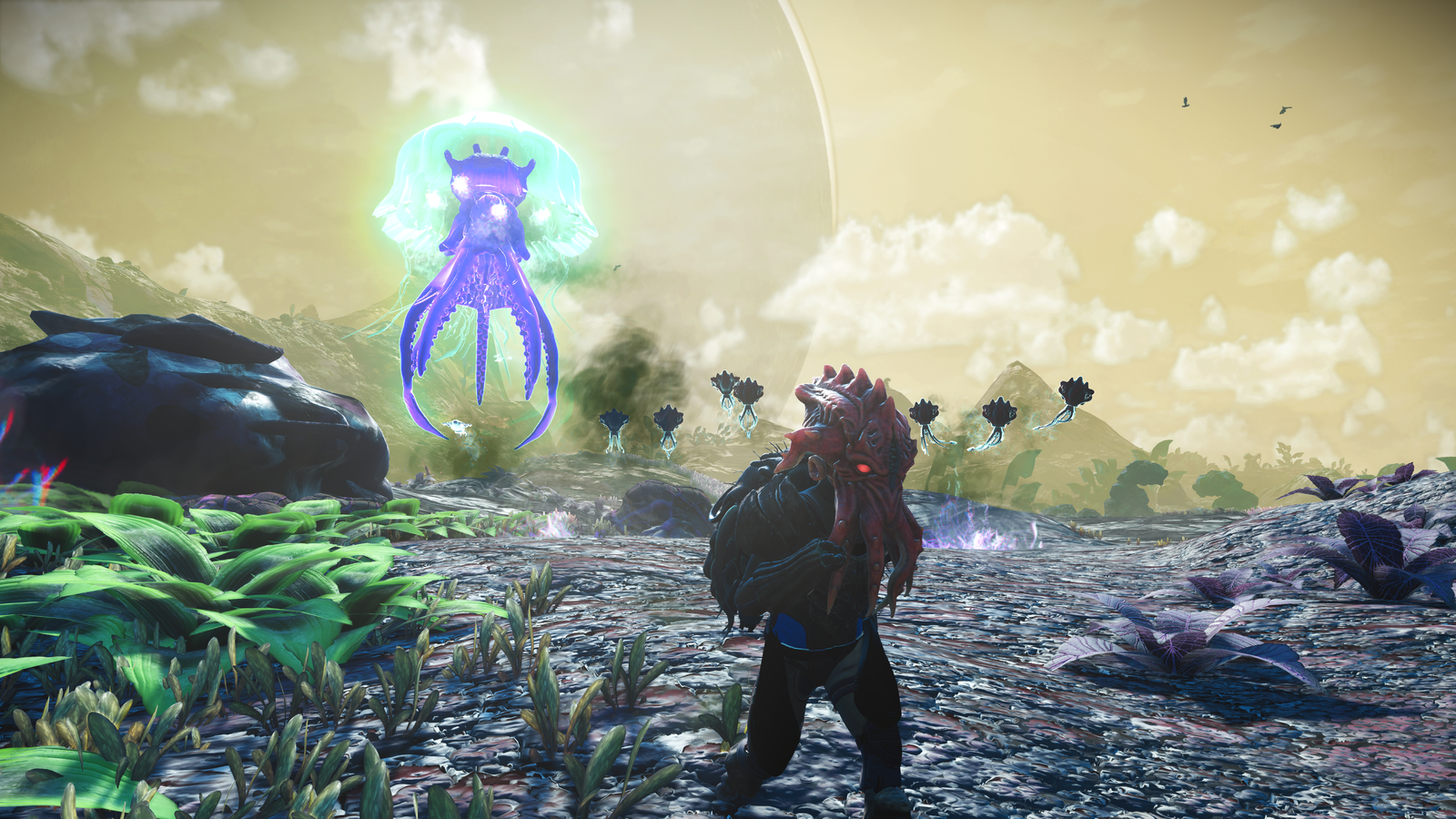 No Man's Sky screenshot from The Cursed Update of a character on a strange planet with a squid-like creature hovering behind them