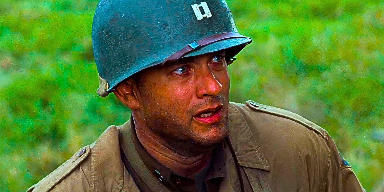 Tom Hanks looking worried as Captain Miller in Saving Private Ryan