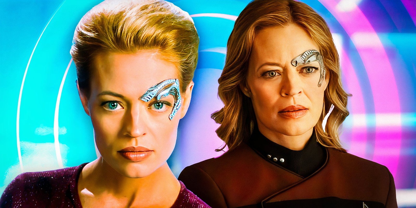 Voyager’s Seven Of Nine Have Borg Powers? 2 A collage of two images of Seven of Nine (Jeri Ryan), one from Star Trek: Voyager and one from Star Trek: Picard, on a blue and pink background.