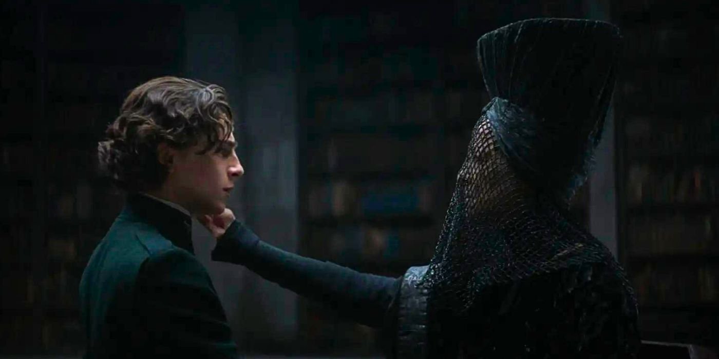 The Bene Gesserit Reverend Mother Gaius Helen Mohiam (Charlotte Rampling) assesses Paul (Timothee Chalamet) with the needle test inside the Atreides' home on Caladan in Denis Villeneuve's Dune