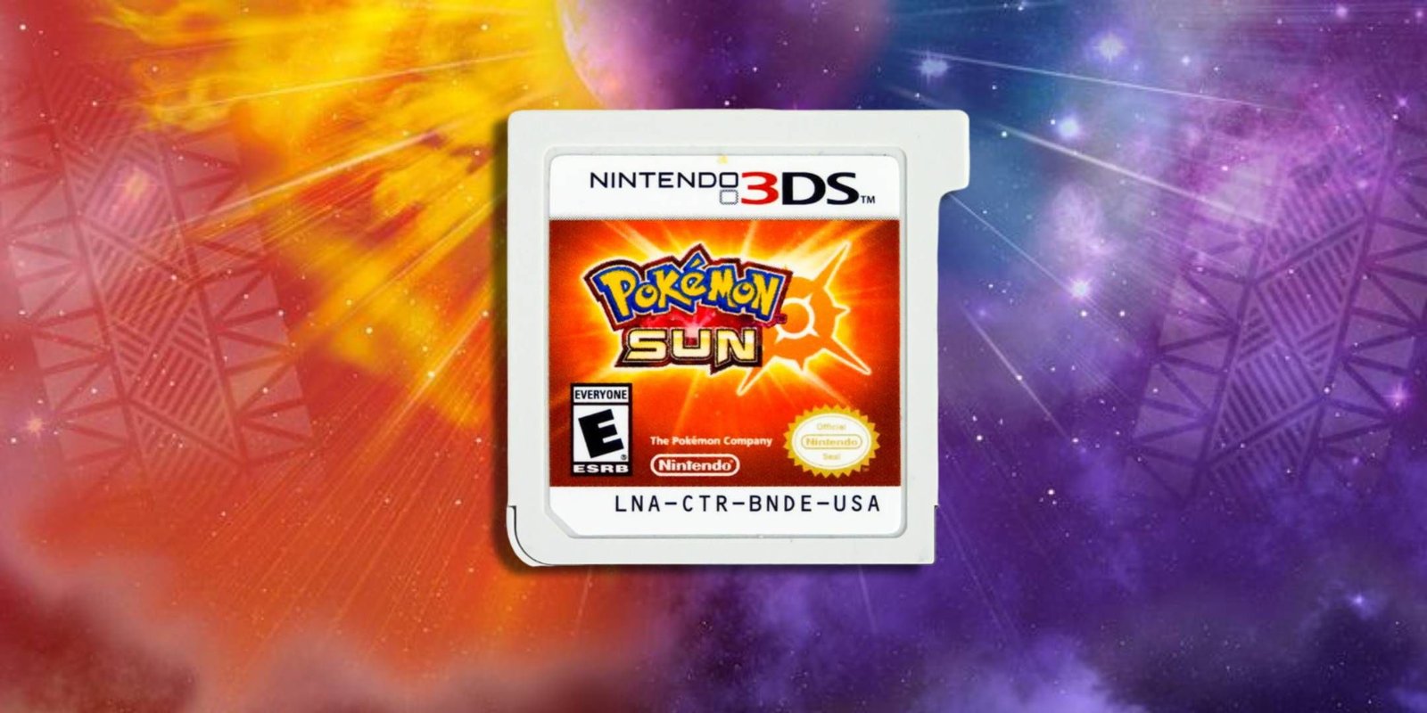 A Pokemon Sun 3DS Cartridge on an orange and purple background.