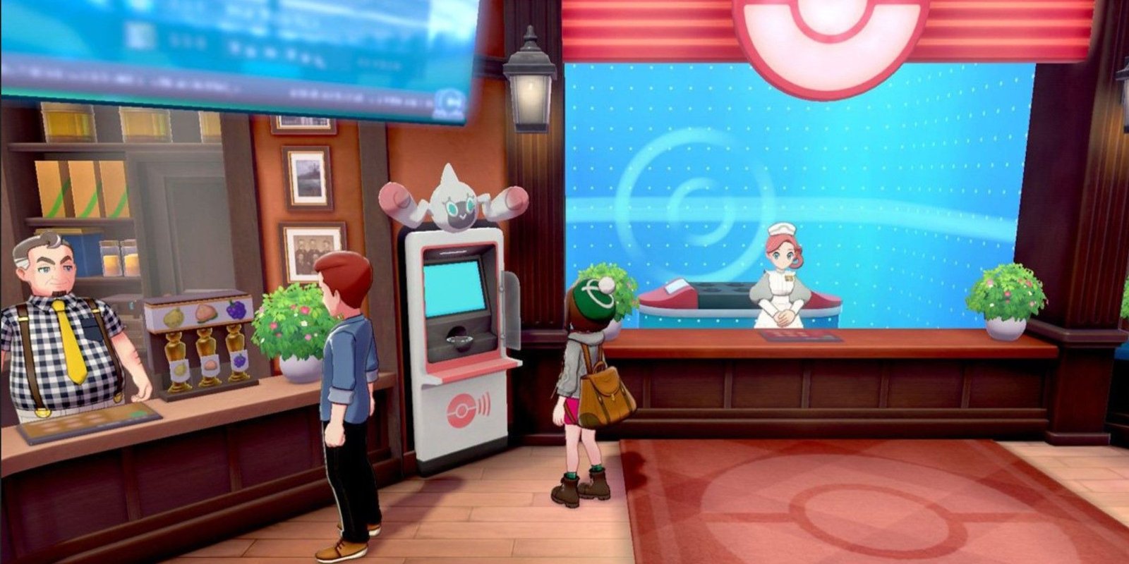 A female pokemon trainer inside a Poke Center next to a computer and cafe in Pokemon Sun and Moon.