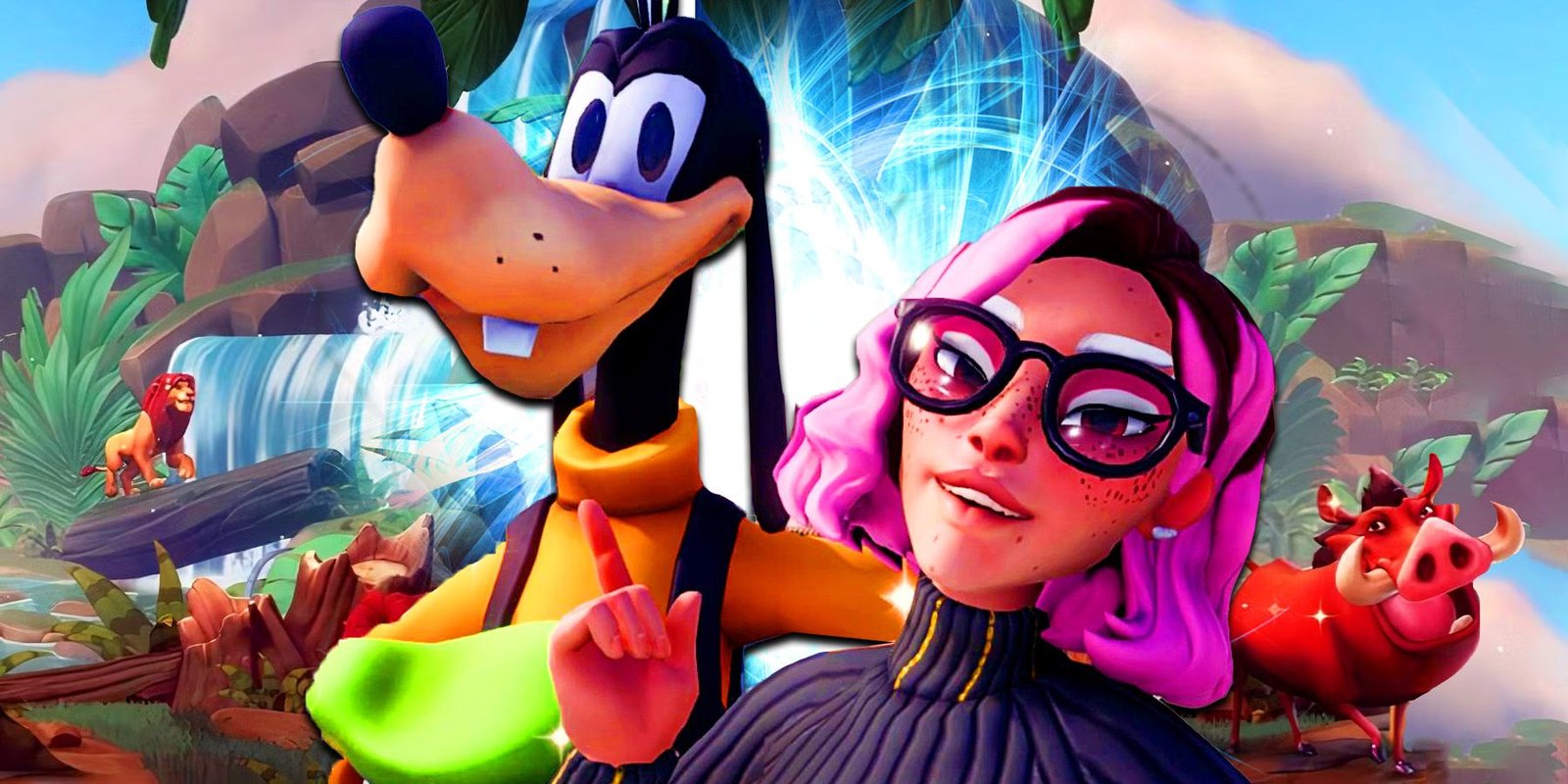 A Disney Dreamlight Valley character next to Goofy in front of a Lion King background from the game.