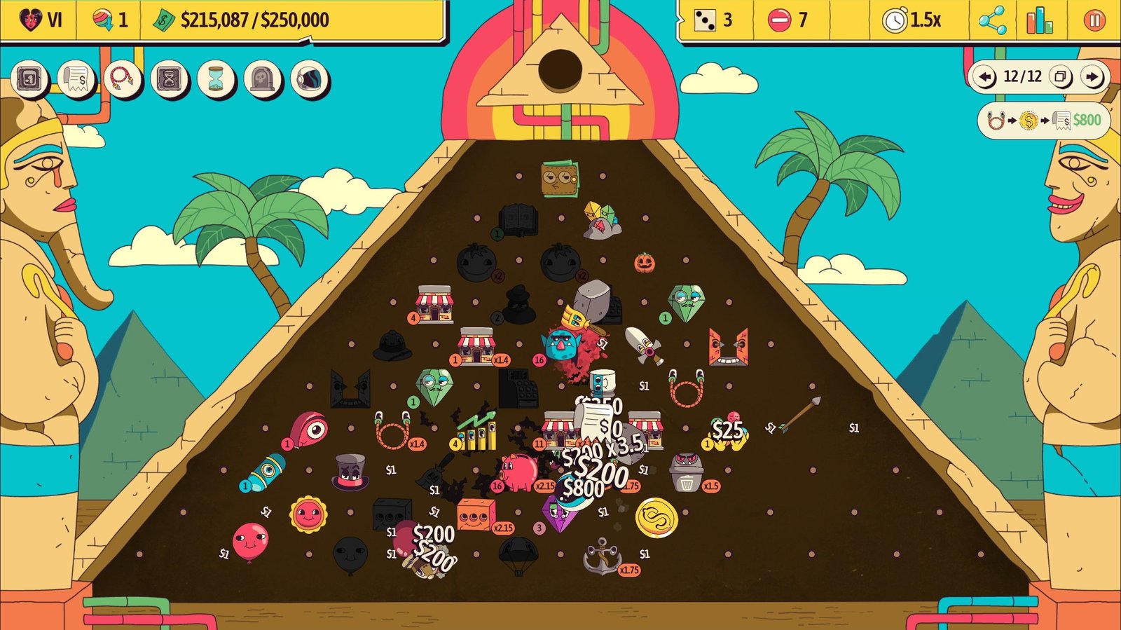 Rock and coin balls bonk through many pegs on a mostly-full Pyramid board in Ballionaire