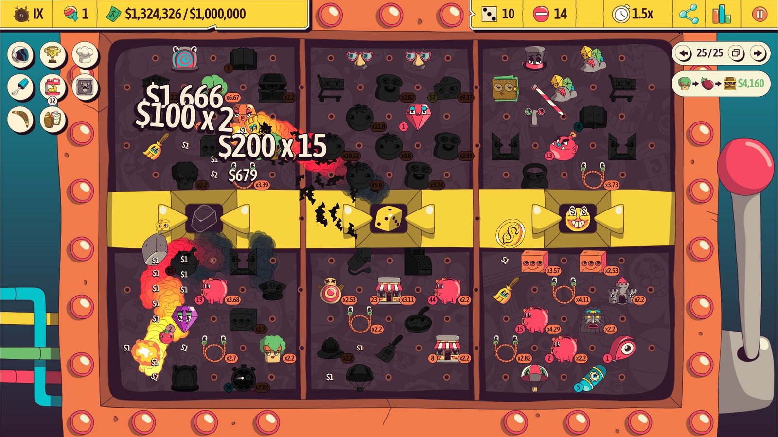Several balls run through the pegs of a full board on the Slot Machine board in Ballionaire