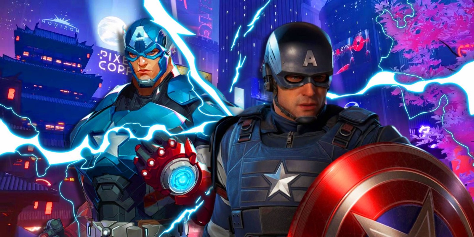 Two versions of Captain America with the one in the foreground from Marvel Avengers and the one in the background from Marvel Rivals.