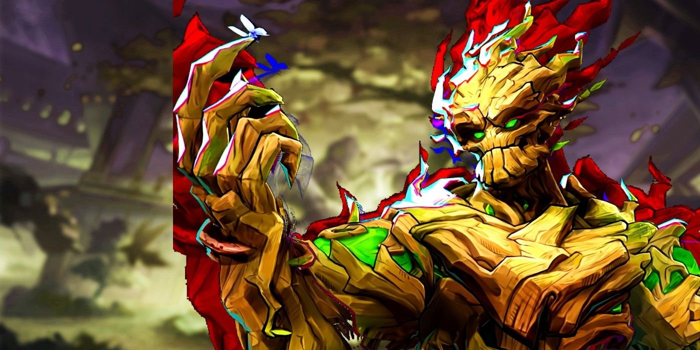Groot Holding a butterfly against a blurred background.