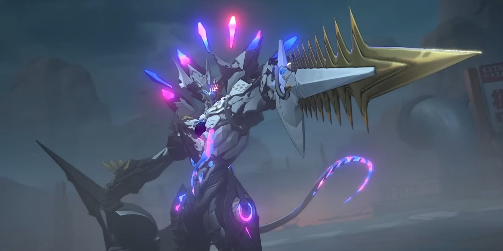 A large Ethereal pointing a golden sword towards the screen in Zenless Zone Zero.