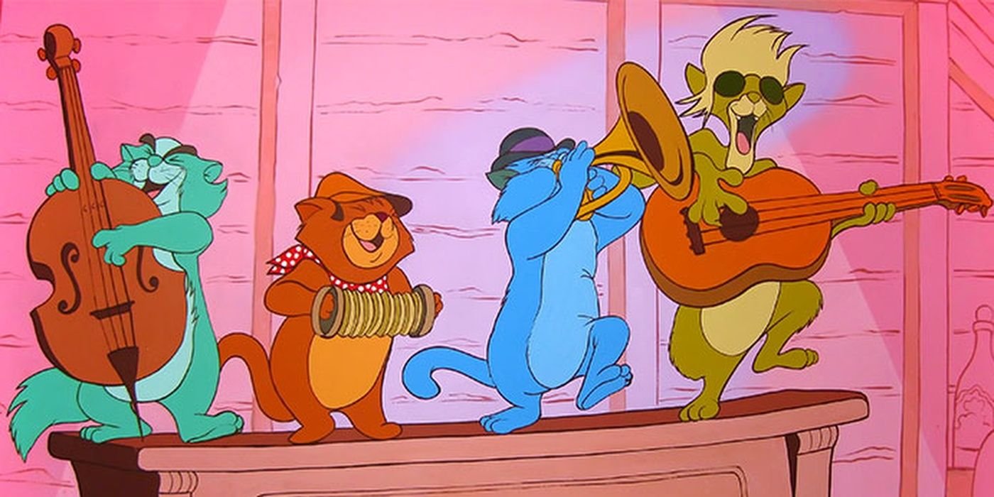 All the Aristocats singing and playing musical instruments.