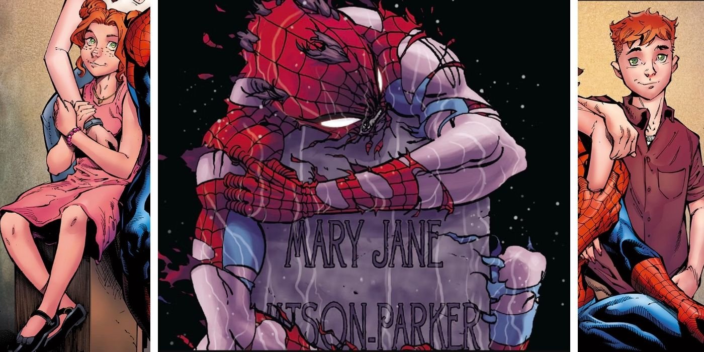 Marvel Is Tweaking Spider-Man's Origin Once Again But With a Big Uncle Ben Twist 4 Spider-Man's children, May Parker (left) and Richard Parker (right), stand on either side of Spider-Man, in a torn costume.