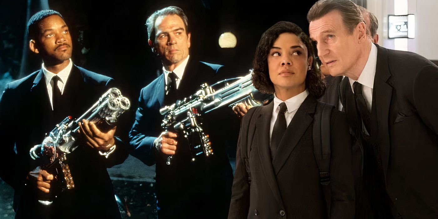Collage of Agent K and J with guns and Molly with High T in Men in Black