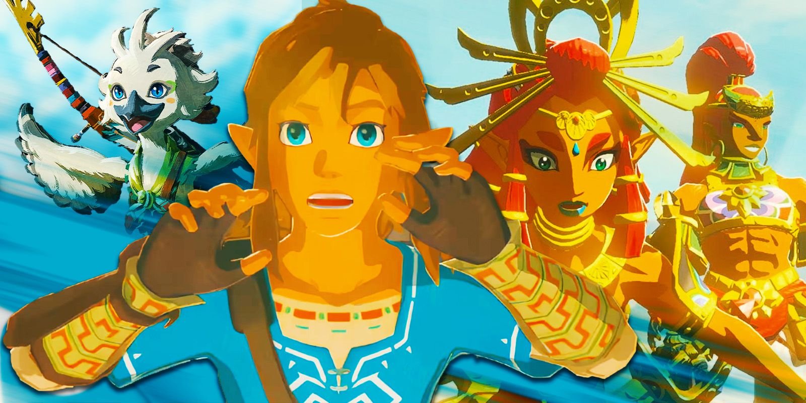 One Zelda NPC's Entire Life Is Decided By Link 5 A shocked Link and Riju from The Legend of Zelda with Tulina and Buliara on either side.