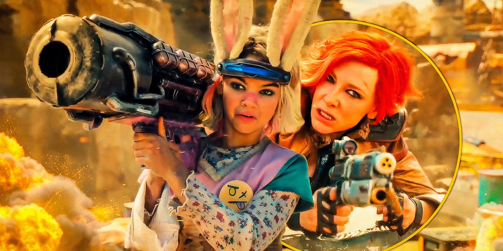 Ariana Greenblatt & Cate Blanchett holding guns while riding through the desert in Borderlands