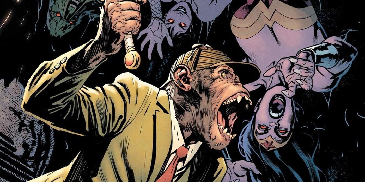 detective chimp screams with evil Justice League Dark including Wonder Woman and Zatanna surrounding him