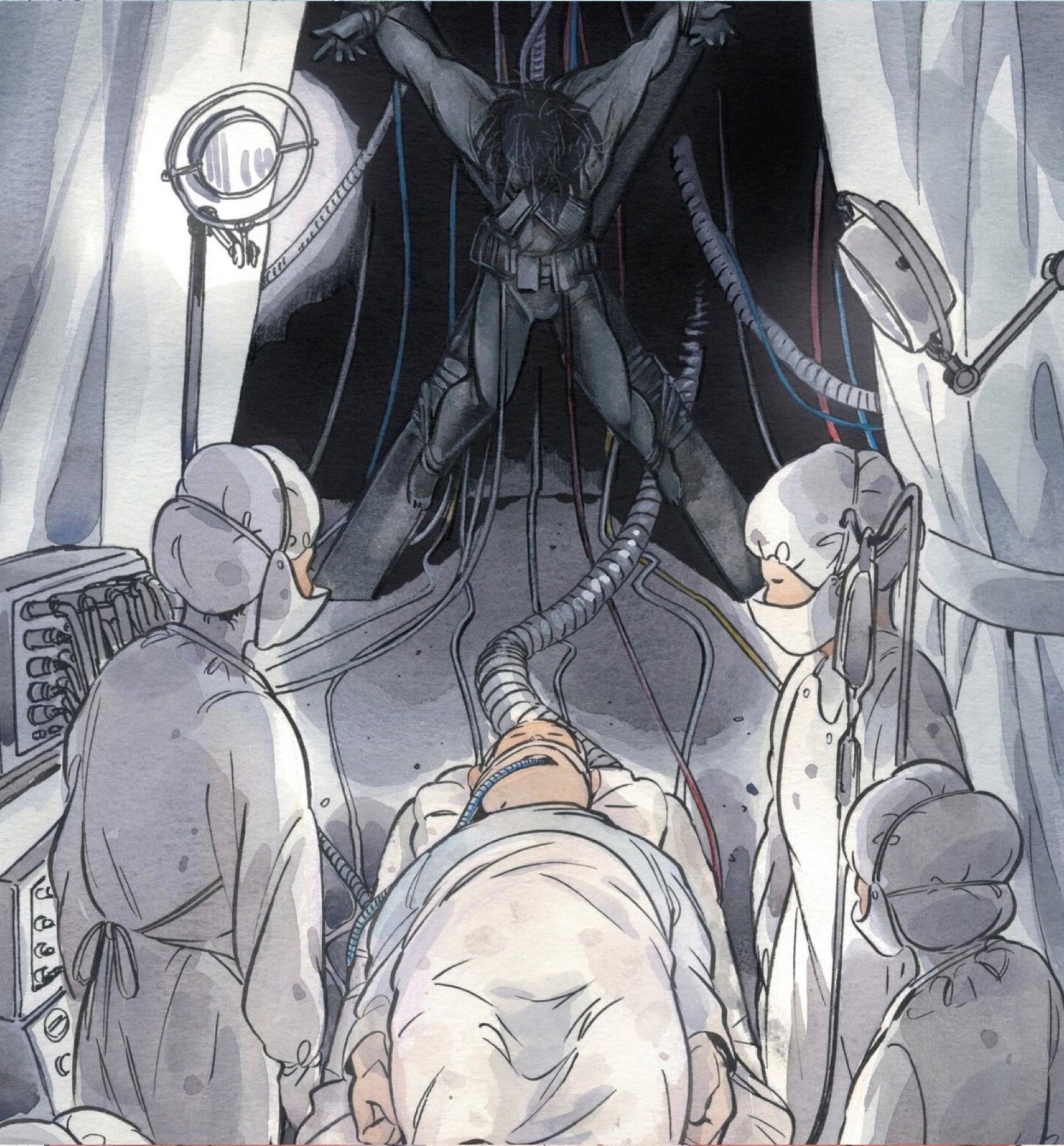 Peach Momoko’s Ultimate X-Men #6 - Tied up person in X-formation connected to person in bed surrounded by nurses 