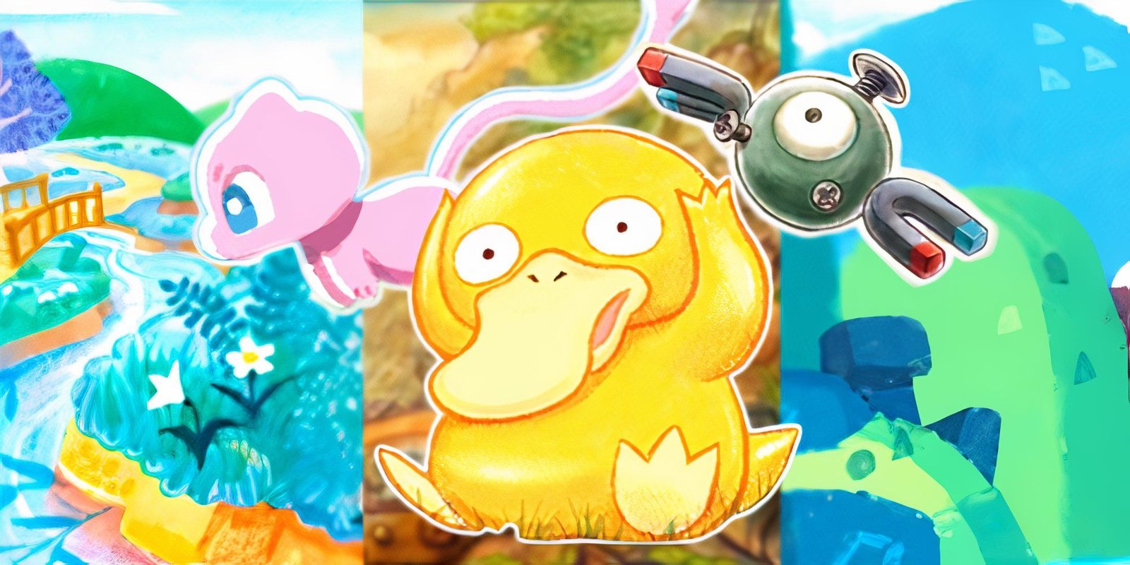 Pokemon TCG Pocket backgrounds with the pokemon on top of them with mew psyduck and magnemite