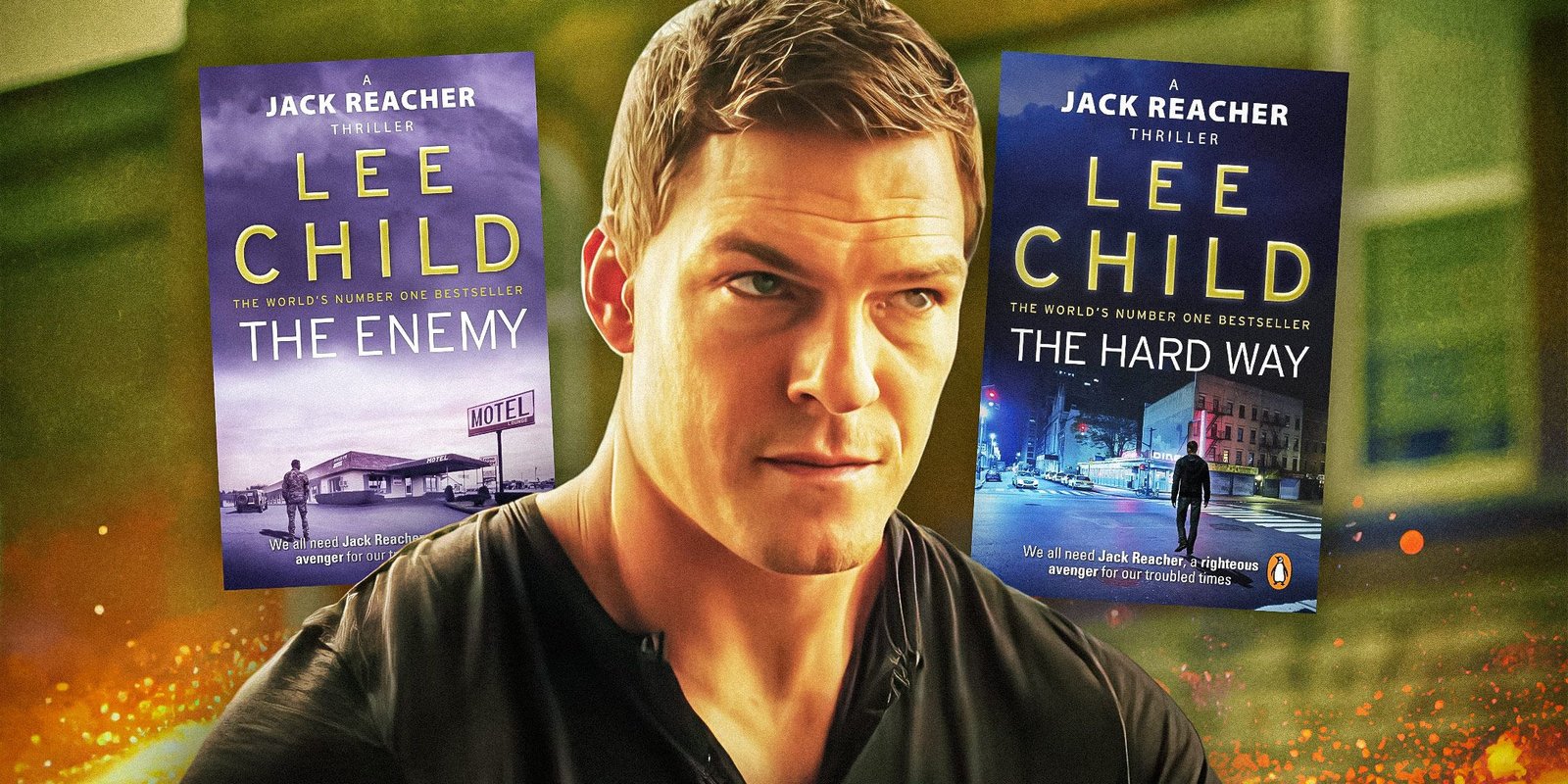 Reacher Season 3's Premise Means The Prime Video Series Can Finally Honor Lee Child's "Reacher Said Nothing" Rule 2 Alan Ritchson as Reacher with Lee Child book covers