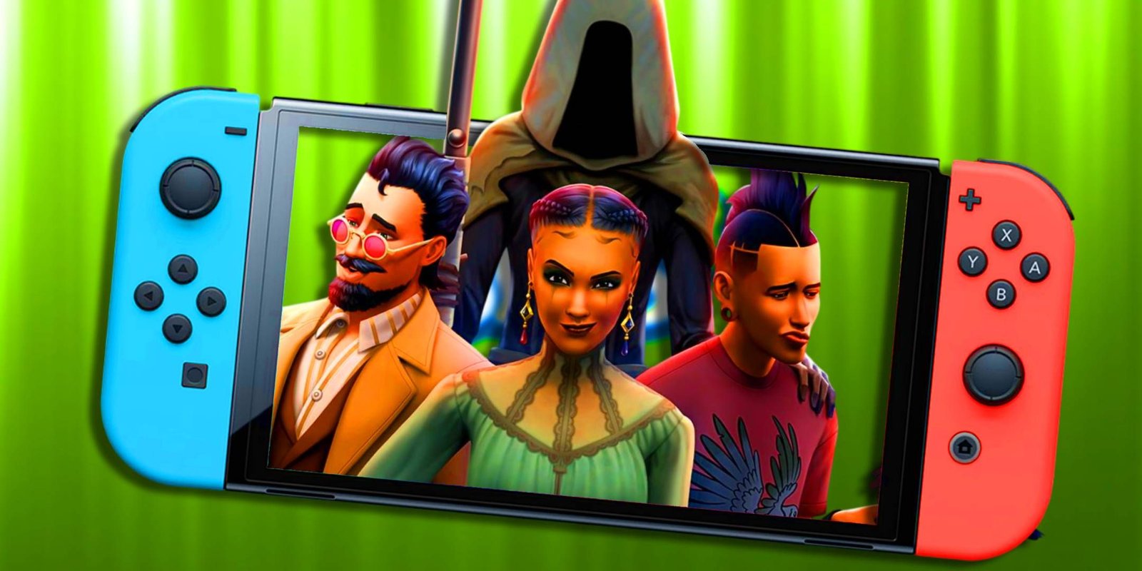 The Sims 4 characters, including Death, coming out of a Nintendo Switch.