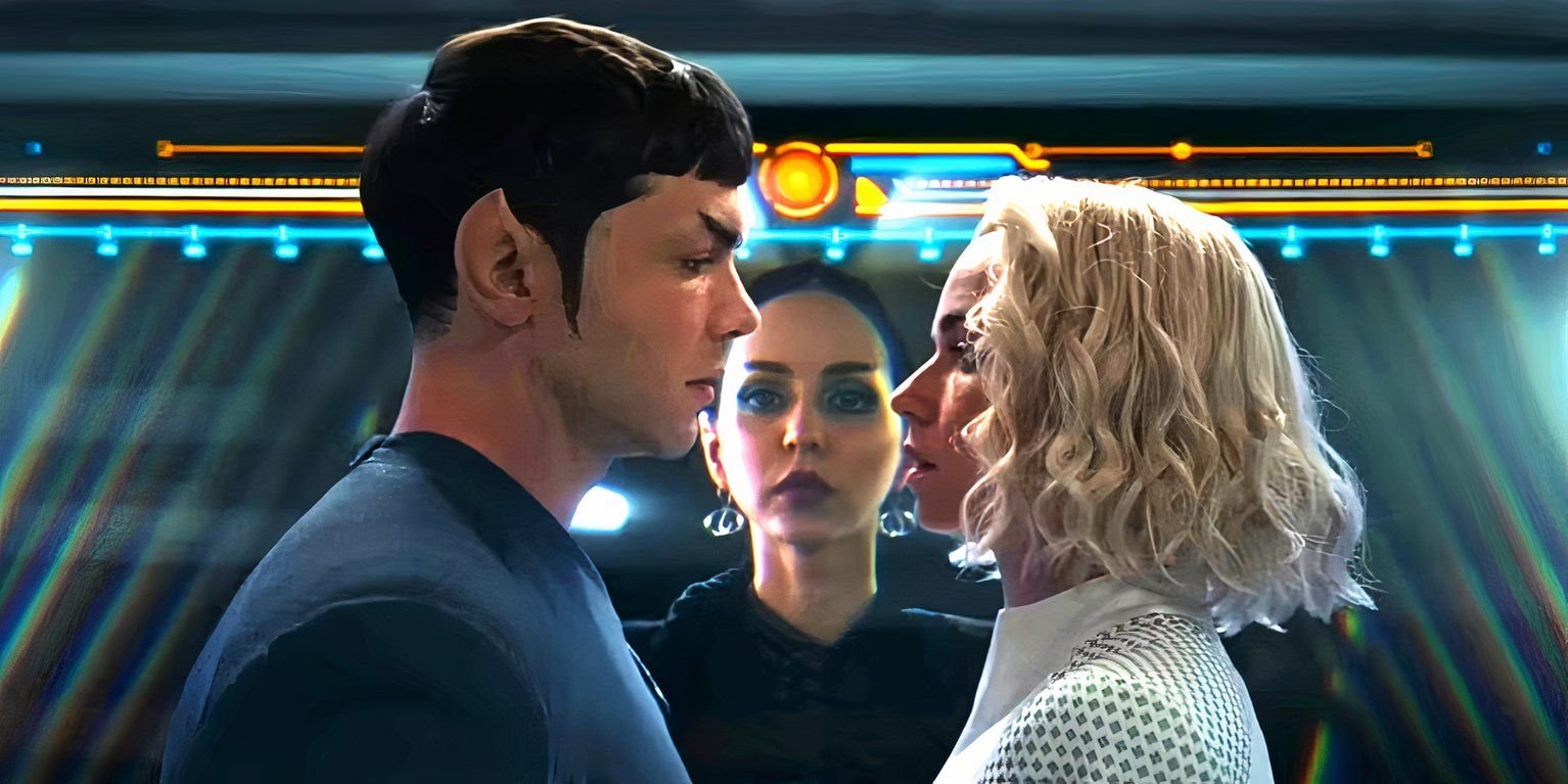 Spock and Nurse Chapel face each other as T'Pring looks on in Star Trek: Strange New Worlds