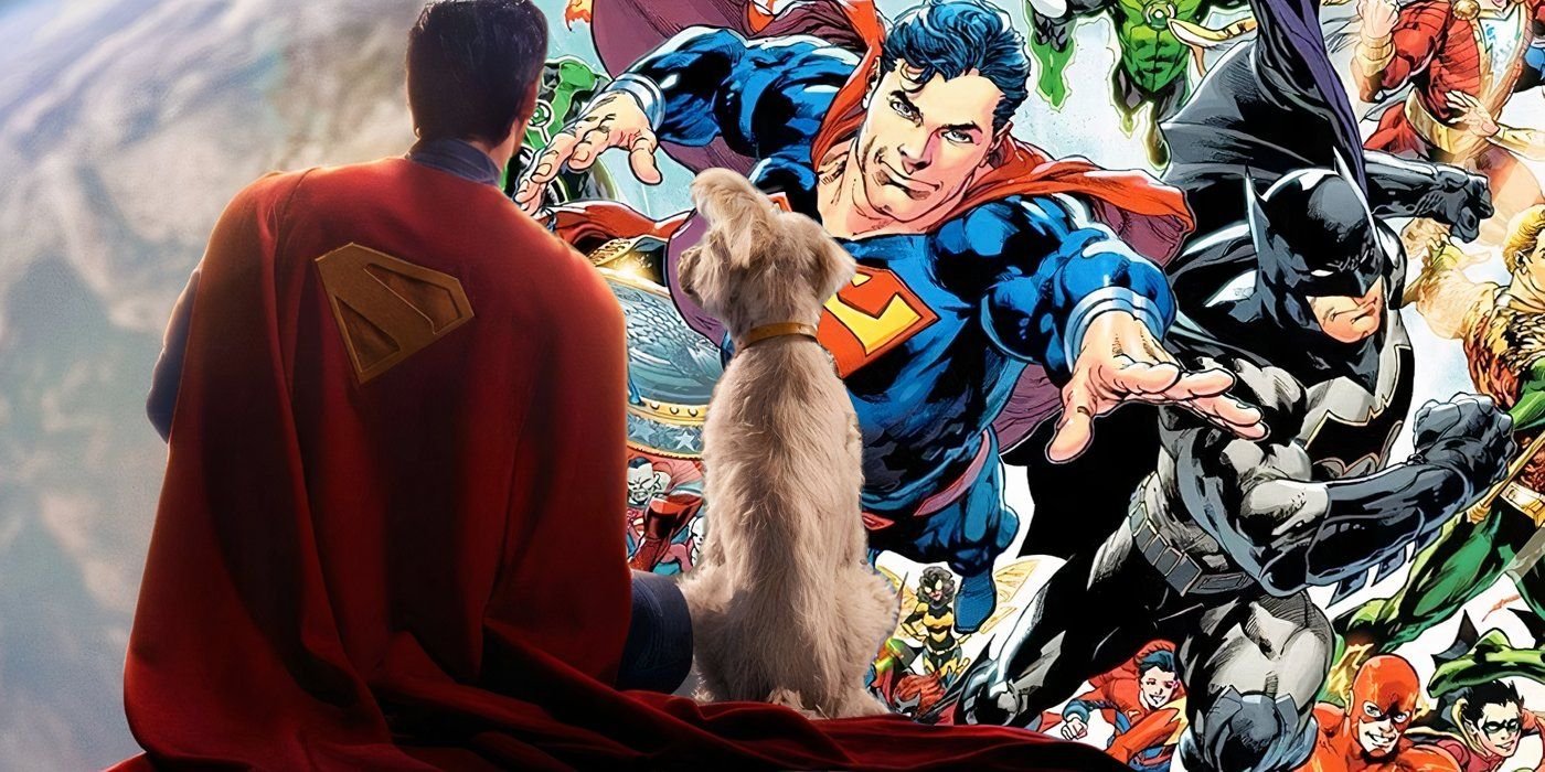 This 4-Minute DC Movie Scene Is The Best Of Henry Cavill's Entire Superman Career 2 Split image of DCU's Superman sat with Krypto looking at characters from DC comics