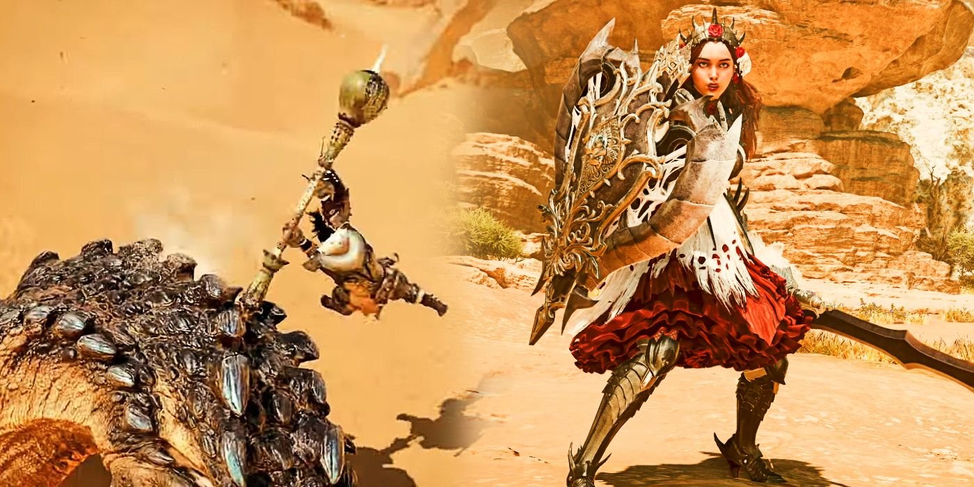 This Small Monster Hunter Wilds Weapon Feature Will Have A Big Effect On How You Play The Game 3 A player character performing a downward strike with an insect glaive while another looks on with a sword and shield in Monster Hunter Wilds.