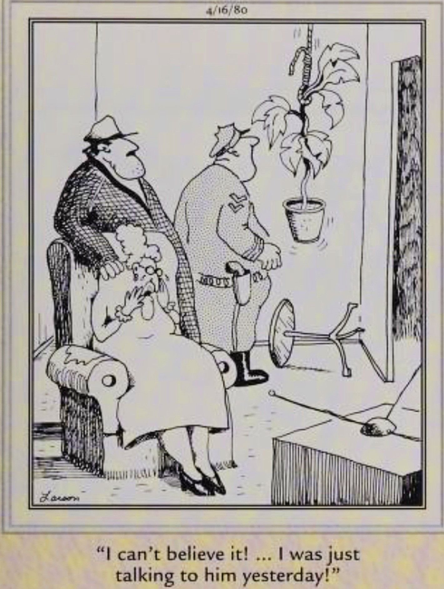 10 Controversial Far Side Comics That Sparked Debate 2 Far Side, April 16, 1980, a woman's houseplant hangs itself