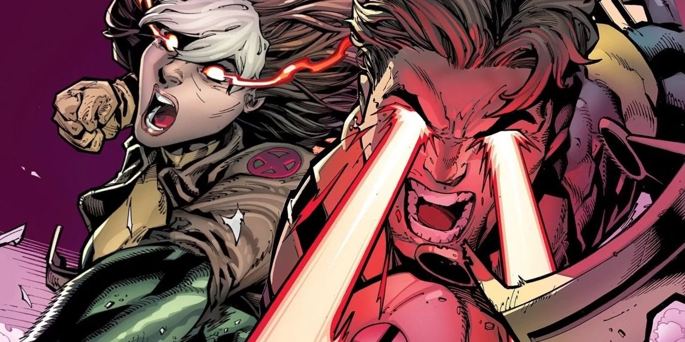 Comic book art: X-MEN'S ROGUE PUNCHES CYCLOPS, WHOSE POWERS RUN WILD