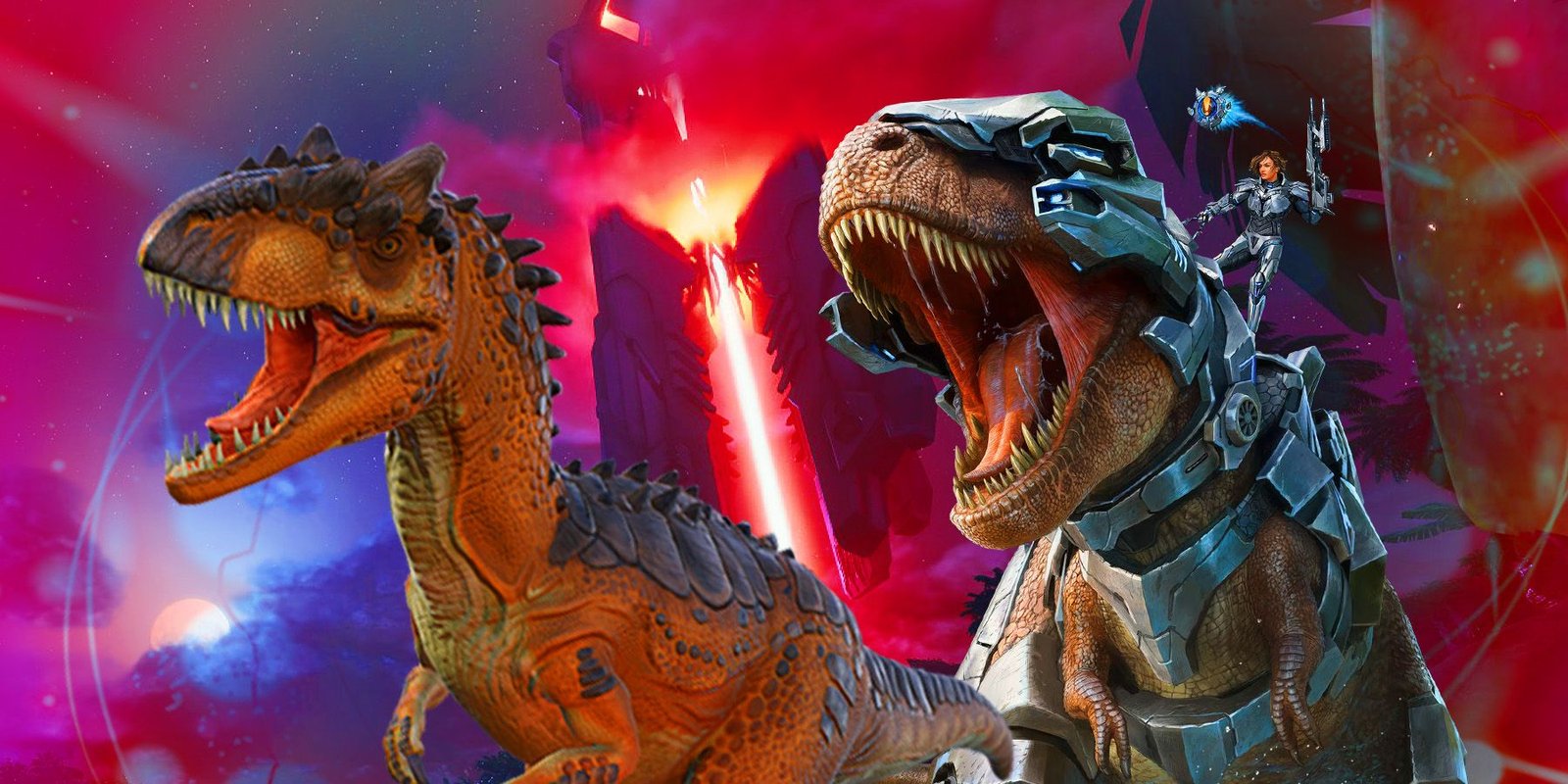 Dinosaurs from Ark Survival Ascended with an obelisk