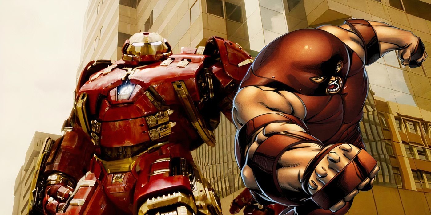 MCU's Iron Man in his Hulkbuster armor next to Marvel Comics' Juggernaut.