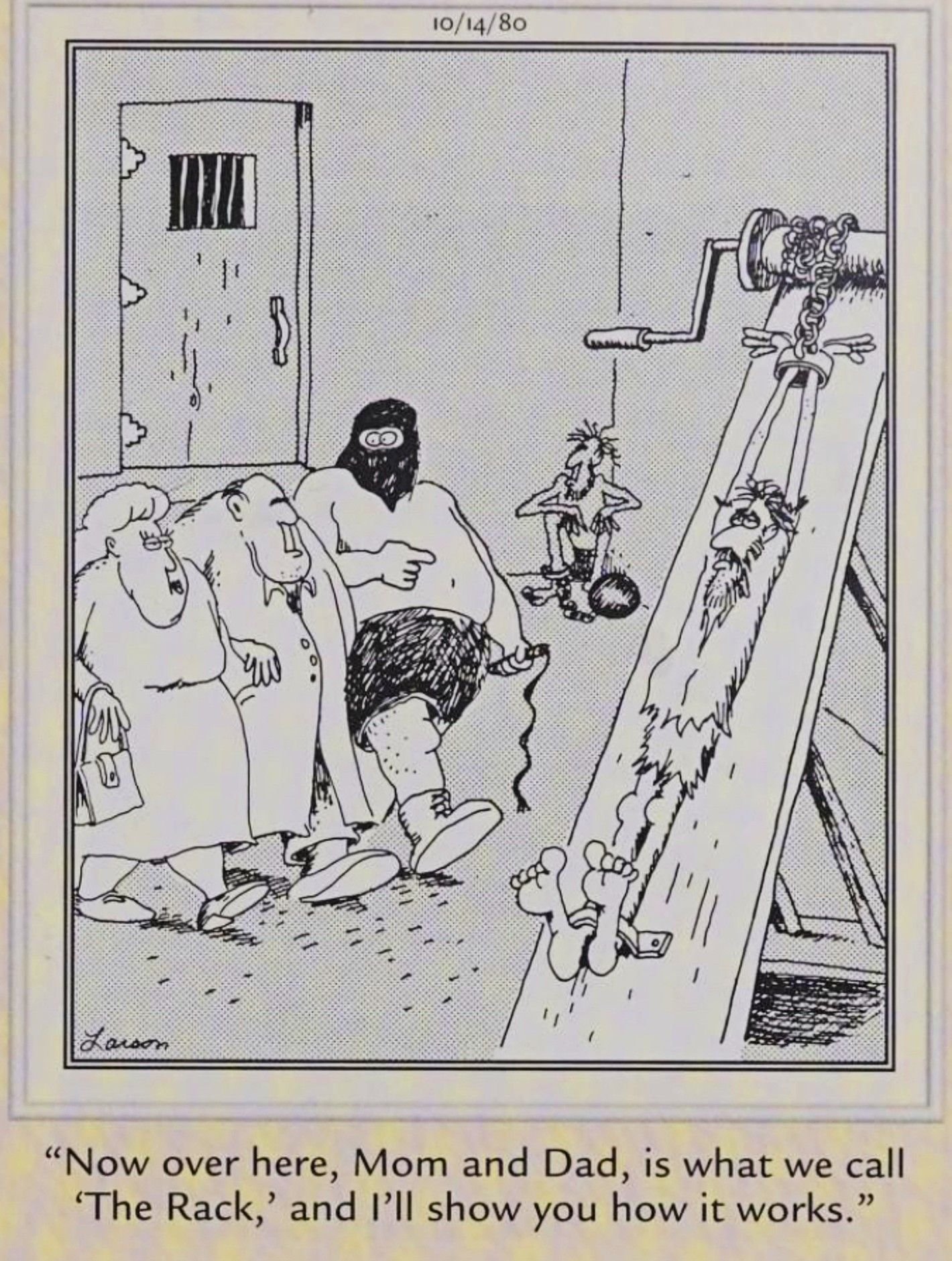 10 Controversial Far Side Comics That Sparked Debate 3 The Far Side, October 14, 1980, a torturer shows his parents around his workplace