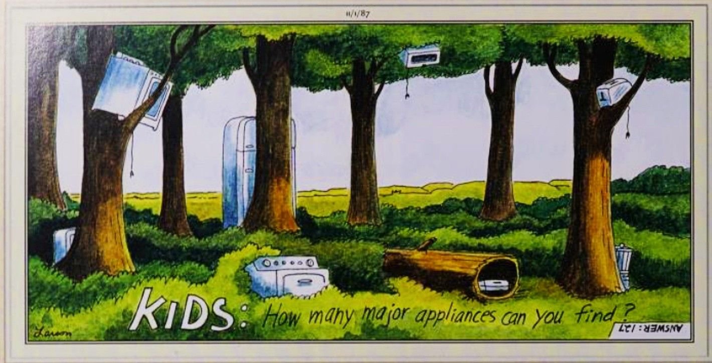 Far Side, November 1, 1987, a parody of 'how many [blank] can you find' puzzles