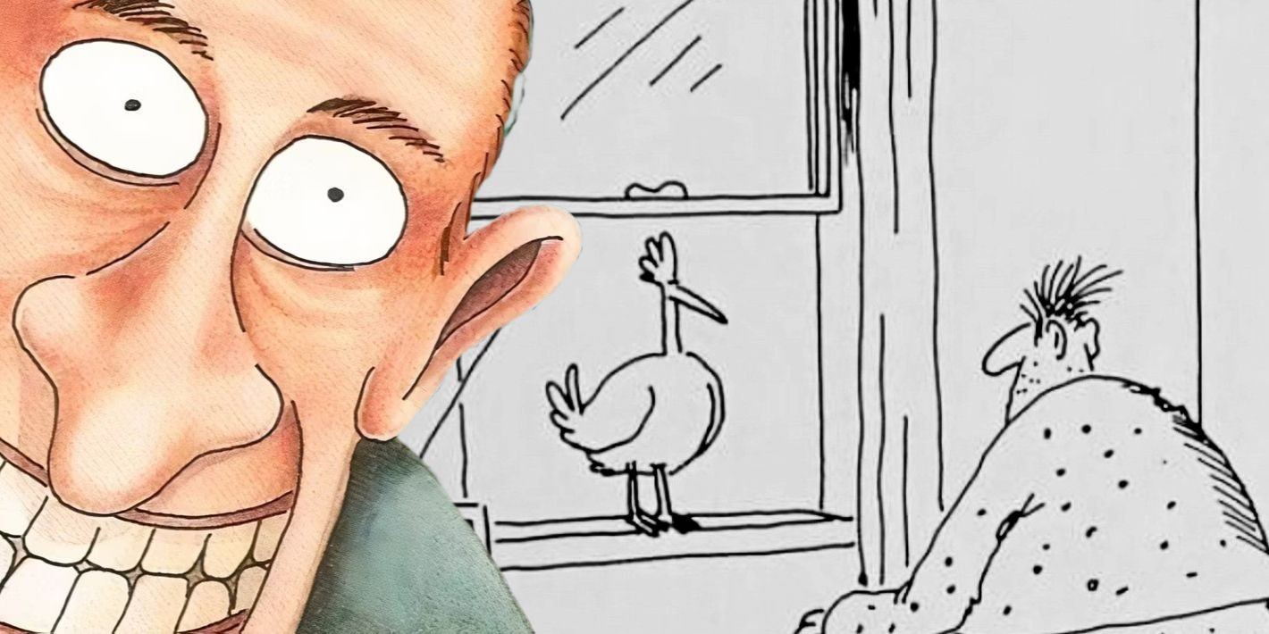 10 Controversial Far Side Comics That Sparked Debate 13 Far Side wide-eyed grinning man (color, left) and the