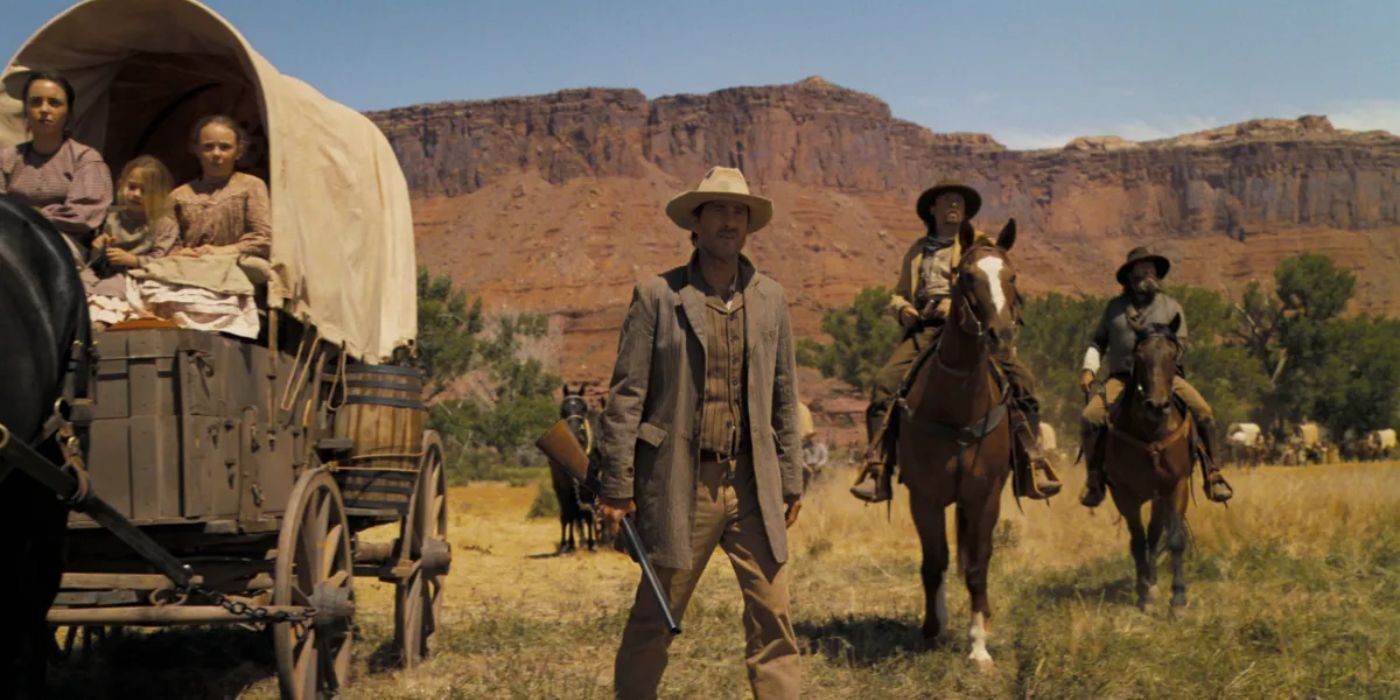 Luke Wilson as Matthew Van Weyden in a Field with a Wagon and Horses in Horizon: An American Saga