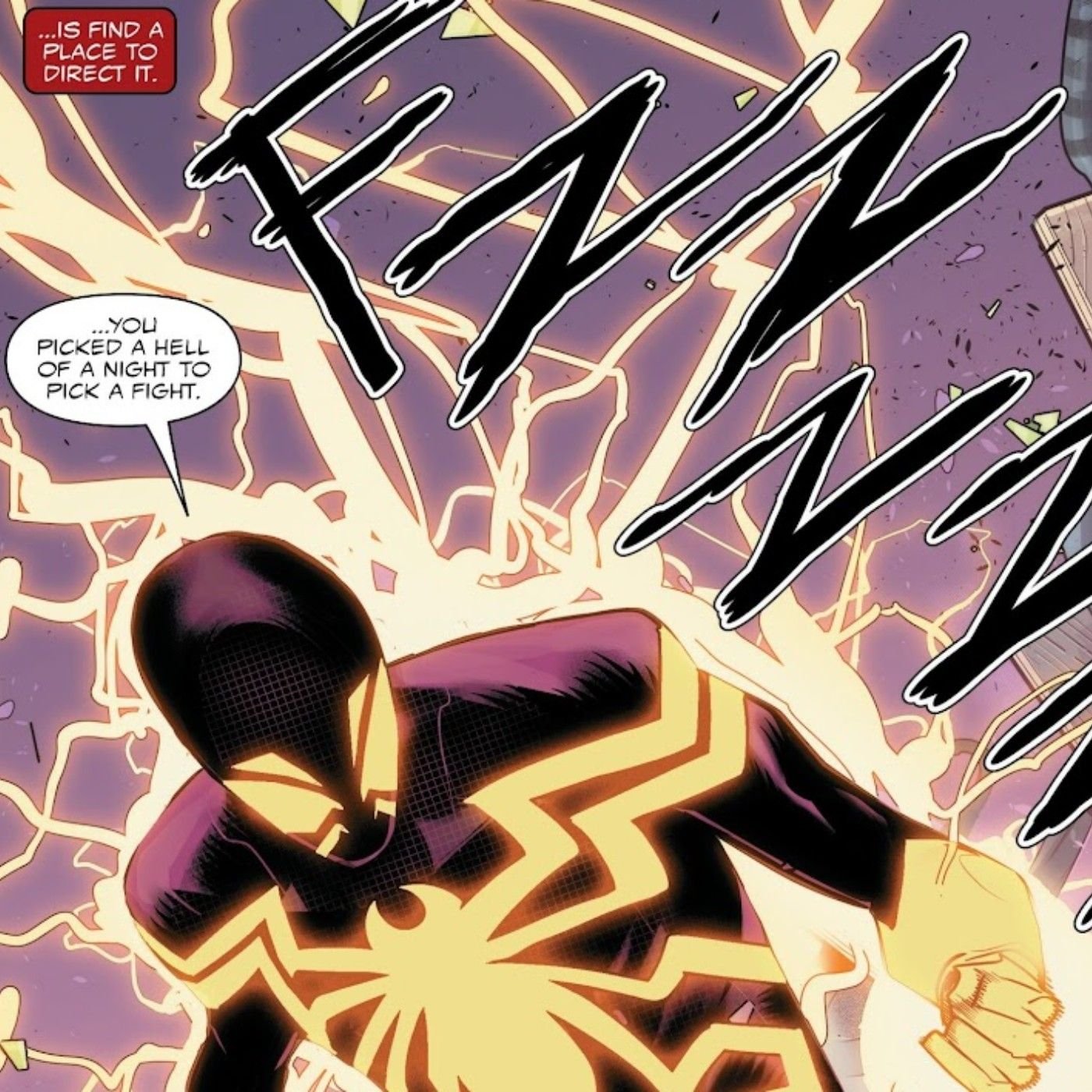 Comic book panel: Miles Morales Spider-Man charges his vibranium suit from Black Panther