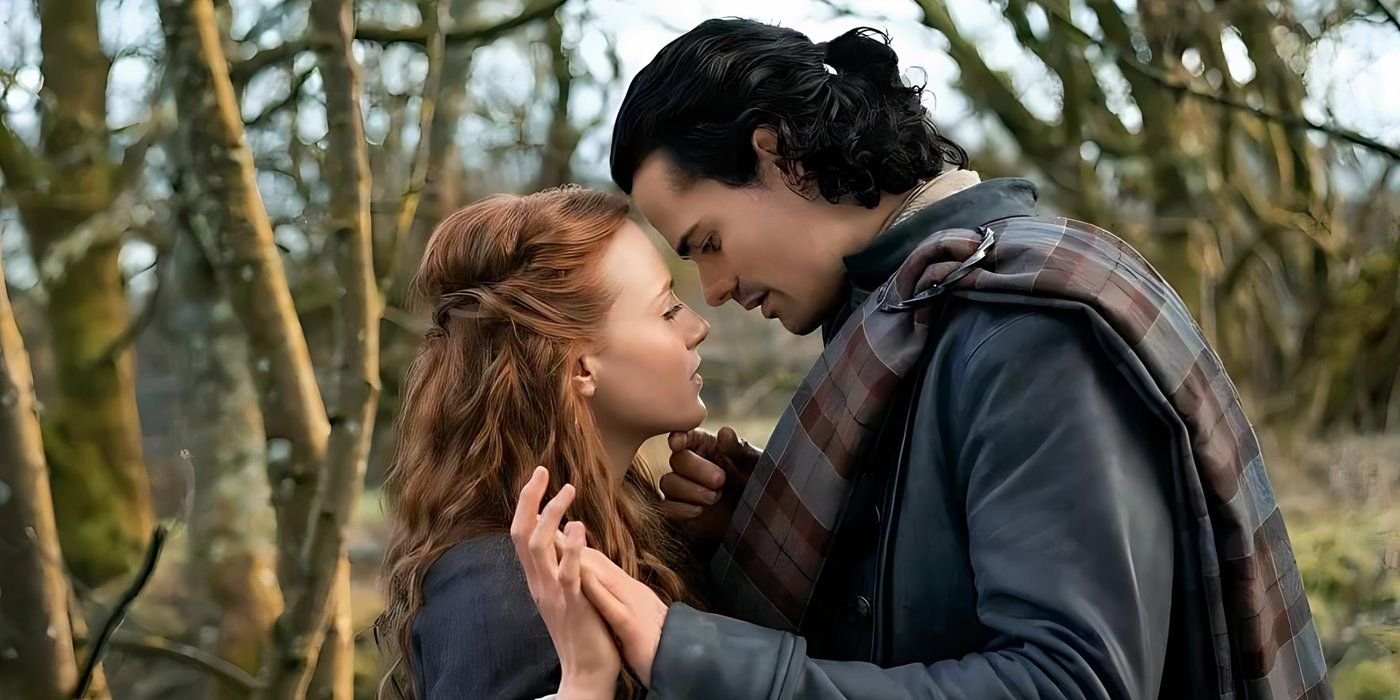 Outlander's New Spinoff Series Can't Ignore What Made The Original Story Unique 4 Jamie Roy as Brian Fraser and Harriet Slater as Ellen MacKenzie touch foreheads in Outlander - Blood of my Blood