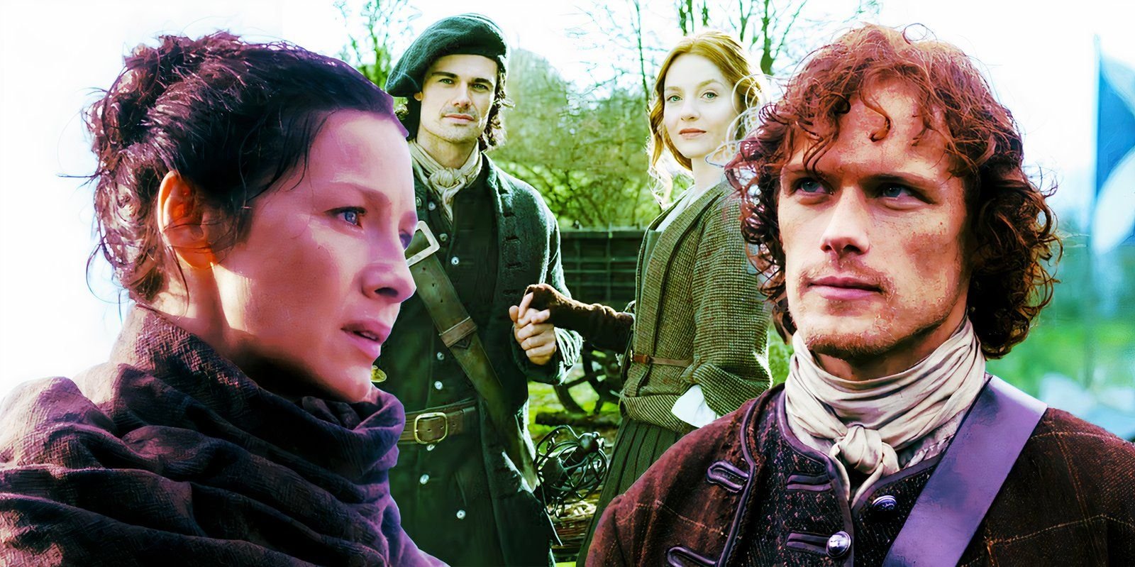 Caitriona Balfe as Claire and Sam Heughan as Jamie in Outlander season 2 and Jamie Roy as Brian and Harriet Slater as Ellen in Outlander Blood of My Blood