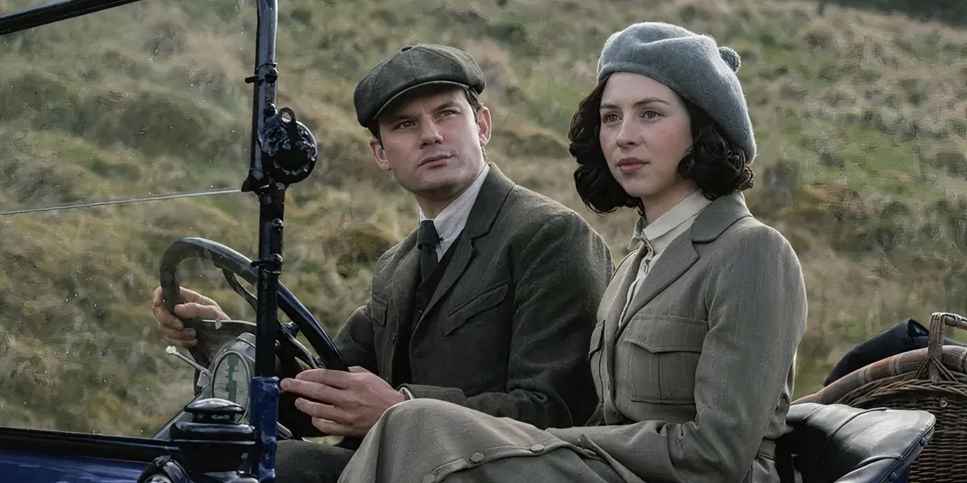 Hermione Corfield as Julia Moriston rides in a car and looks into the distance in Outlander - Blood of my Blood