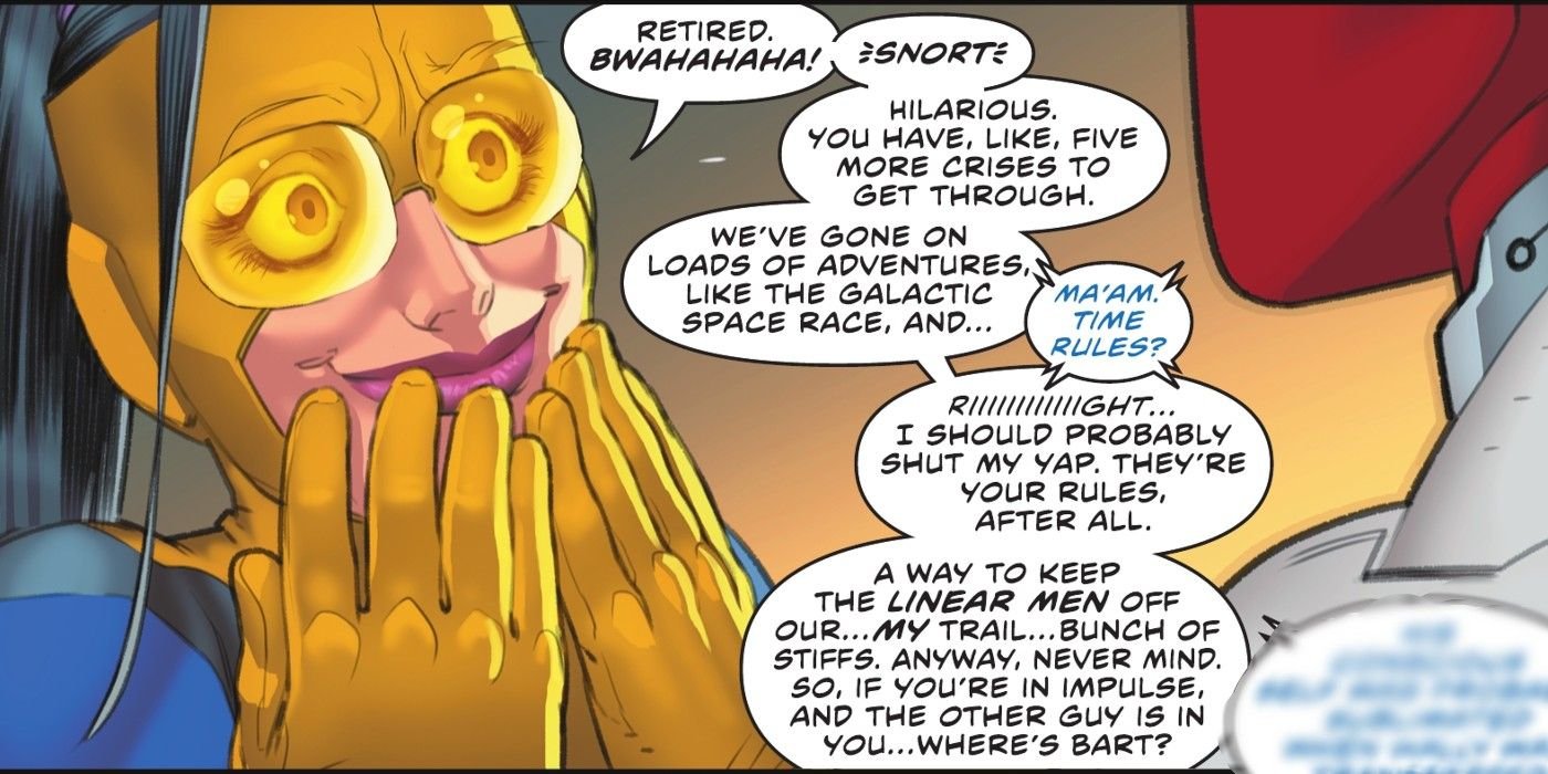 Comic book panel: Gold Beetle talks to the Flash.
