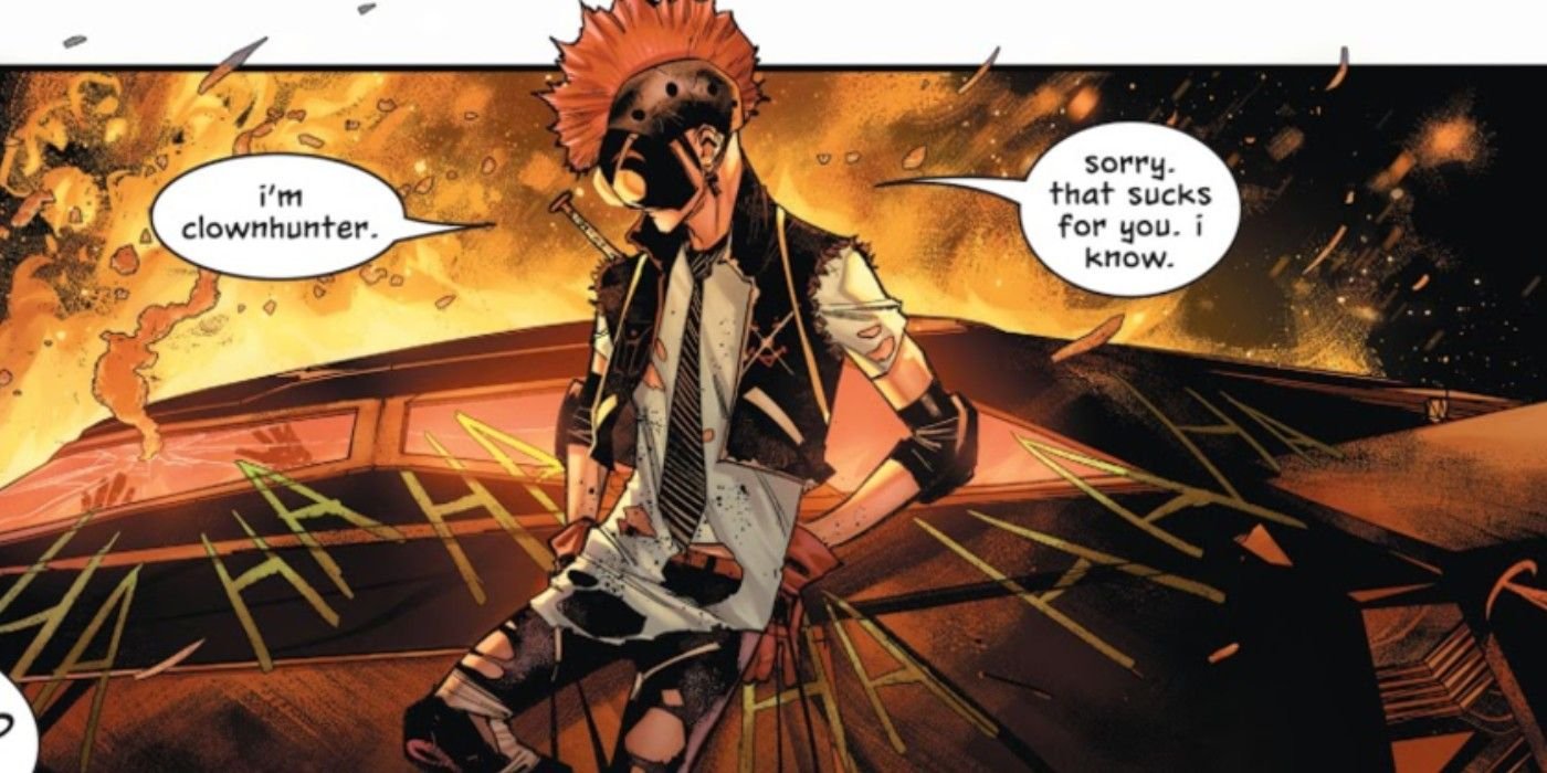 Comic book panel: Clownhunter poses against a car on fire.