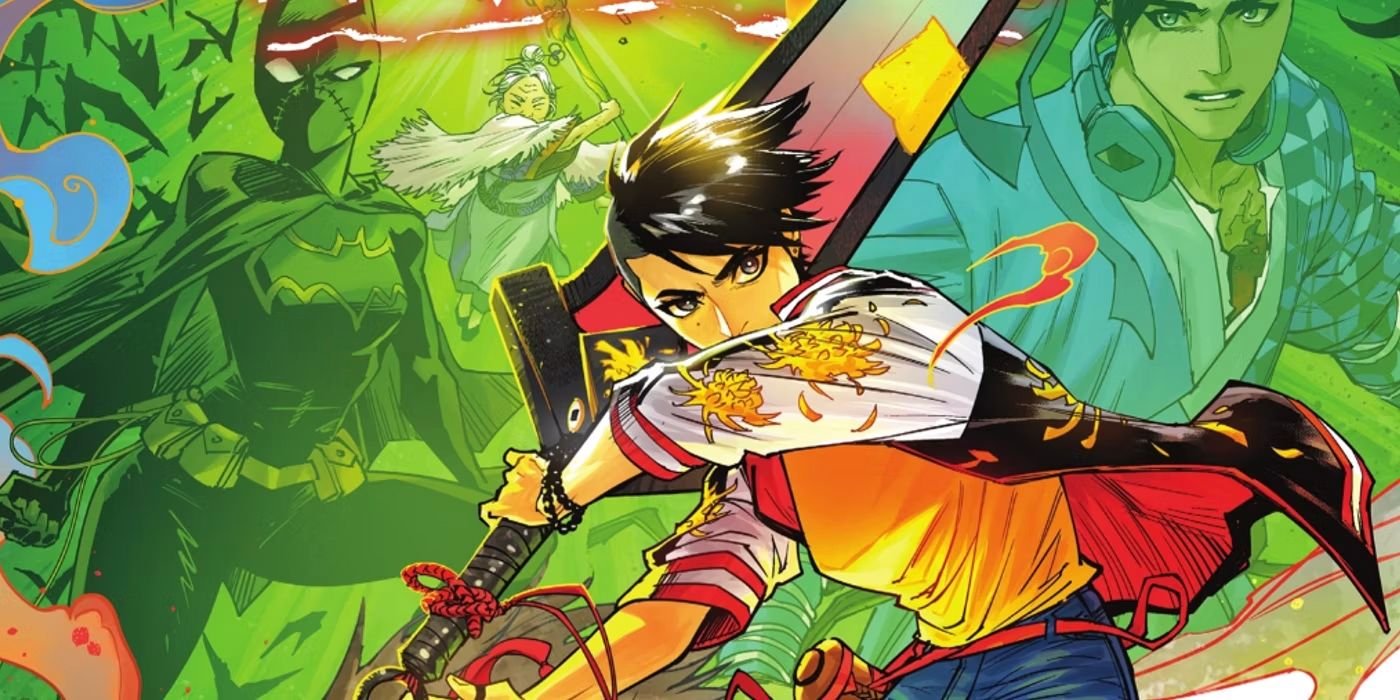 Comic book art: Xanthe wields a massive sword in front of a collage of heroes.